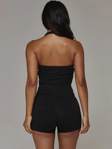 Musera Sport Plunge Front Wrap Over Ruched Open Back Fitted Halterneck Active Top Sport Essentials Basics Gym Workout Autumn Fall Winter - Black - View 5