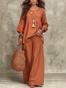 Holdful Holdful Fall Clothes FOR WomenWomen's Woven Casual Fall Top And Pants Set - Orange - View 1