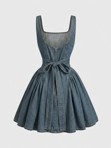 SHEIN MOD 女款方領收腰無袖牛仔洋裝 - 藍色 - 查看 2