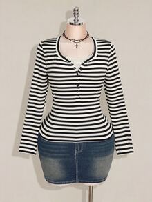 SHEIN ICON Women's Plus Size Autumn/Winter Contrast Lace Black & Gray Striped Fitted T-Shirt Fall - Black and White - View 4