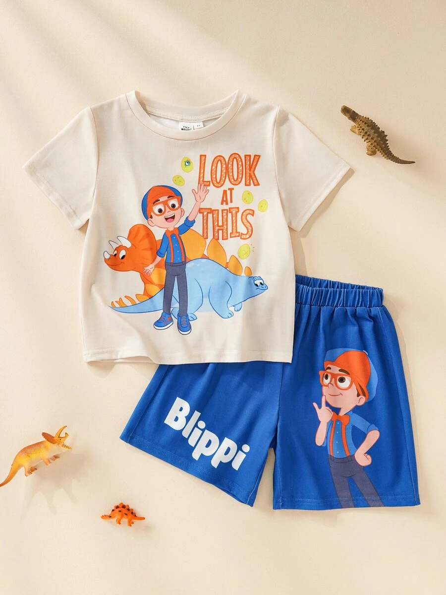 Blippi X SHEIN Young Boy Cartoon Letter Print Short Sleeve Crew Neck Top & Shorts Set - Multicolor - View 1