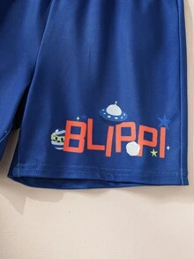 Blippi X SHEIN Young Boy Round Neck Short Sleeve Top And Shorts Loungewear - Blue - View 8