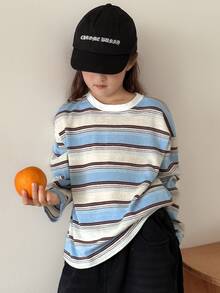 Dazy Kids Tween Girl) Loose Striped Crew Neck Casual Basic Pullover T-Shirt Top, Autumn - Blue - View 3