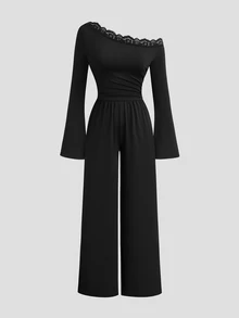 SHEIN PETITE Women's Black Casual Minimalist Comfortable Versatile Asymmetrical Shoulder Lace Patchwork Flared Sleeve Ruched Slim Fit Jumpsuit - Black - View 8