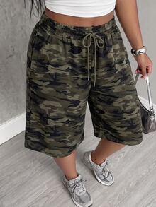 Slaydiva Street Casual Elastic Waist Sports Daily Plus Size Camouflage Bermuda Shorts Plus Size Pants - Army Green - View 2