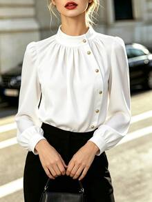 SHEIN Women's Gentle Vintage Court Style White Stand Collar Blouse With Diagonal Exquisite Metal Button Decor, Ruched Gathered Neckline, Puff Lantern Long Sleeves, Loose Flattering Fit, Elegant Versatile Shirt For Dating And Commuting - White - View 3