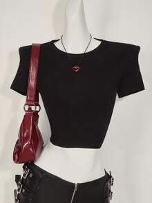 SHEIN ICON Y2K 女款萬聖節網紗露背短版上衣 透視黑色街頭風哥德性感龍圖案休閒日常短袖T恤 - 黑色 - 查看 10