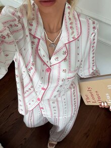 CottageSlumber Women's Bubble Crinkle Ditsy Floral Cardigan Collar Long Sleeve Pajama Set - Pink - View 6