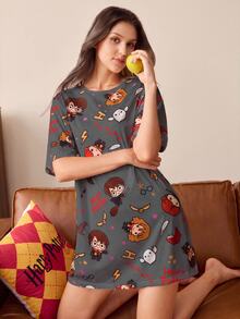 HARRY POTTER X SHEIN Women's Simple Cartoon Print Short Sleeve Nightgown - Dark Grey - View 5