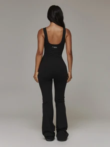 Musera Sport V Neck Sleeveless Fitted Dipped Logo Print Back Fitted Flare Soft Touch Active Jumpsuit Sport Essentials Basics Autumn Fall Winter - Black - View 5
