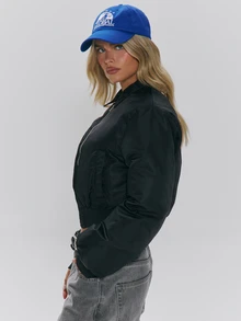 MUSERA Fold Over Collar Padded Balloon Fit Zip Through Cropped Bomber Jacket Fall Autumn Winter Daily Everyday Outerwear - Black - View 3