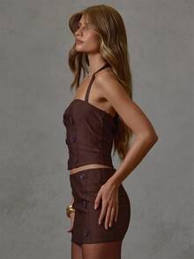 MUSERA Atasan Leher Halter Tenun Cokelat dengan Detail Kancing untuk Musim Gugur dan Musim Dingin, Cocok untuk Sehari-hari, Santai, Jalan-jalan, Gaya Keren, Festival, dan Pesta. - Coklat - View 2