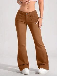 SHEIN PETITE Women's Casual Daily Travel Denim Long Pants With Pockets And Buttons,Fall/Winter,New Year Look - Brown - View 5