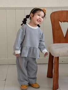 DAZY Infant/Toddler (Girl) Round Neck Striped Korean Style Long Sleeve Ruffle Trim Casual Sweatshirt - Grey - View 4