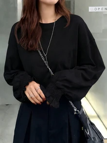 FRIFUL 女款純色休閒百搭日常長袖T恤 - 黑色 - 查看 6