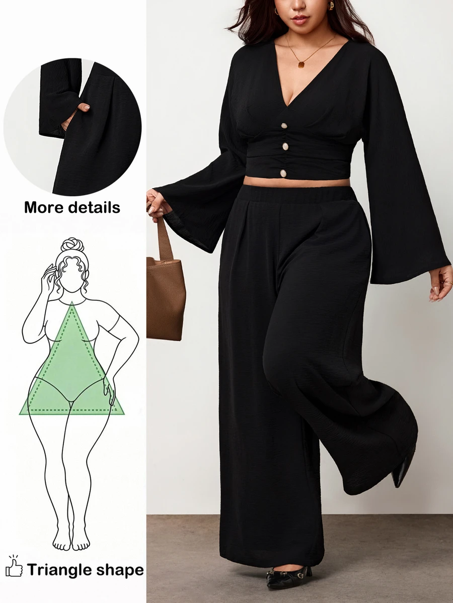 Truni Plus-Size Women's Elegant V-Neck Fitted Top And Trousers SetPear Body,Triangle Body - Black - View 1