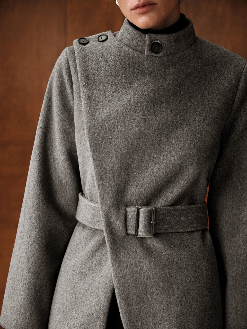MOTF WOMEN'S GRAY BUTTON LONG SLEEVE BELTED WOOL ELEGANT COAT, AUTUMN/WINTER