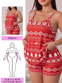 SHEIN EZwear 大尺碼女款薑餅人印花休閒細肩帶洋裝 - 彩色 - 查看 1