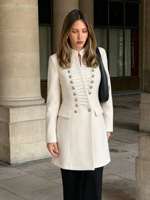 LUMIGAL Women's WoolBlend MidLength Coat, Stand Collar, Puff Long Sleeves, Military Braided Embroidery, Gold Tone Metal Buttons, Fall Winter Party & Work Ov - Apricot - View 10