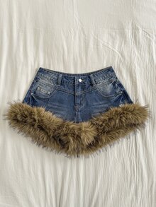 Amplova Women's Casual Daily Denim Shorts With Pocket, Button And Plush Patchwork - Dark Wash - View 3