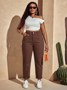 Slaydiva Plus Size Women Solid Color Fashion Casual Versatile Jeans - Coffee Brown - View 5