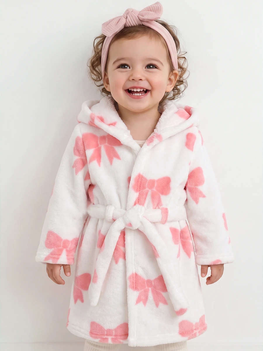 SHEIN Baby Girl Cute Bow Fluffy Pajamas - Pink - View 1