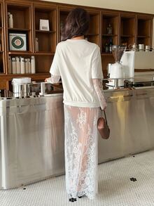 Aloruh Minimalist Romantic Elegant Commuter White New Autumn/Winter Lace Patchwork Oversized Women's T-Shirt + Full Lace Skirt Two Pieces Set Vacation - White - View 2