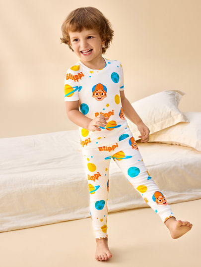 Blippi X SHEIN Young Boy Round Neck Short Sleeve Printed Top And Long Pants Loungewear Pajamas
