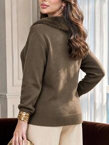 Dripcurv Plus Size Women Fur Collar Knit Cardigan - Brown - View 2