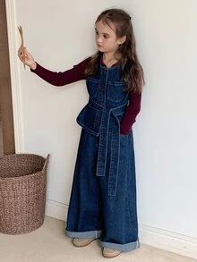 Dazy Kids Tween Girl) Round Neck Casual Denim Shirt Top + Straight Leg Pants Two Pieces Denim Set - Dark Wash - View 4