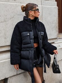 SHEIN جاكيت منفوخ محشو بالريش للنساء بتصميم دب تيدي مع ياقة واقفة وملمس بارز متناسق - الأسود - مشاهدة 3