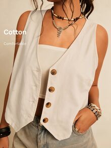 Freevana Plus Size Women Solid Color V-Neck Casual Everyday Vest Fall - Beige - View 7
