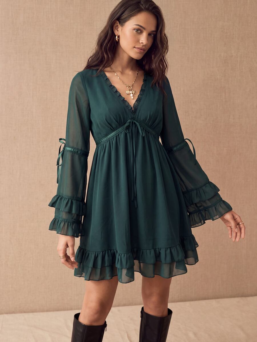 CielaLinda Gaun Mini Boho Biru Tosca Wanita, Gaun Chiffon Lengan Panjang dengan Pita, Gaun Lengan Berenda dan Ruffle - Teal Blue - View 1