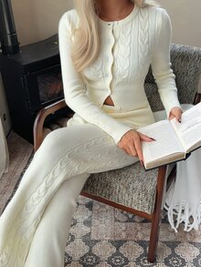 CovetEZ Women's Round Neck Button Long Sleeve Sweater & Solid Color Pants 2pcs Set - White - View 5