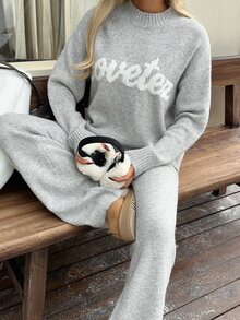 CovetEZ Women's Letter Print Long Sleeve Top & Pants Casual Daily Knit Two Pieces Set - Grey - View 1