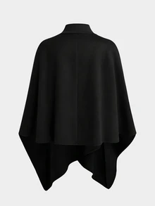 Sweetra CURVE High Neck Cape Asymmetrical Overcoat, Black, Versatile, Plus Size, Autumn/Winter - Black - View 2