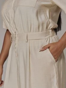 MUSERA Plus Size Beige Extreme Wide Leg Woven Utility Jumpsuit Spring Summer Casual Everyday Day Outfit Going Out - Camel - View 6