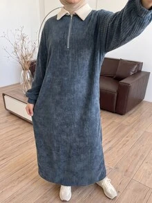 Solavon Women's Colorblock Lapel Zip Design Long Sleeve Arabian Dress - Blue - View 6