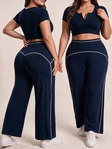 Dewbera Dewbera Women's Plus Size High Waist Wide Leg Loose Fit Sports Pants - Multicolor - View 4