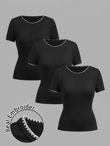 SHEIN EZwear 3件組女款圓領短袖T恤 - 黑色 - 查看 5