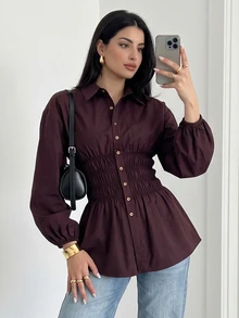 Veilorie Women's Solid Color Pleated Casual Versatile Daily Wear Shirt - Brown - View 1