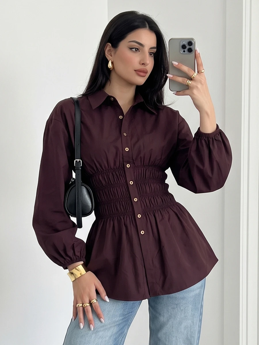 Veilorie Women's Solid Color Pleated Casual Versatile Daily Wear Shirt - Brown - View 1