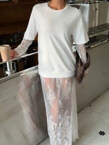 Aloruh Minimalist Romantic Elegant Commuter White New Autumn/Winter Lace Patchwork Oversized Women's T-Shirt + Full Lace Skirt Two Pieces Set Vacation - White - View 7