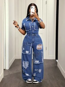 SHEIN Tall Women's Short Sleeve Raw Edge Single-Breasted Distressed Wide Leg Denim Jumpsuit - White - View 1
