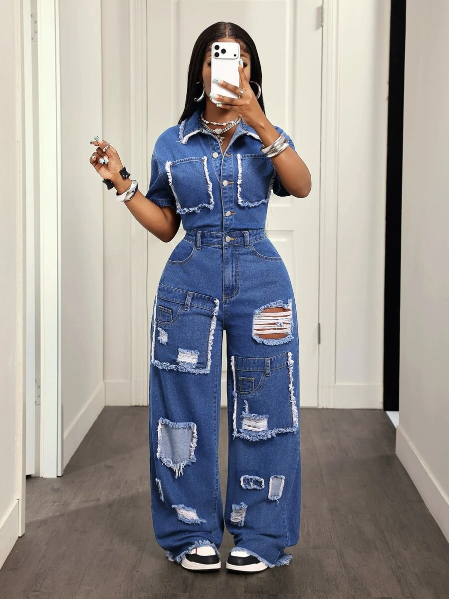 SHEIN Tall Women's Short Sleeve Raw Edge Single-Breasted Distressed Wide Leg Denim Jumpsuit - White - View 1