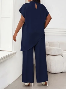 SHEIN Lady Plus Size Women High Neck Short Sleeve Top Office Semi Formal Party Semi Formal Navy Blue Spring Elegant - Navy Blue - View 2