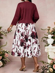 SHEIN Lady Plus Size Women Solid Color Long Sleeve Jacket & Floral Print Dress 2pcs Set - Burgundy - View 2