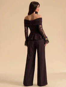 SHEIN BAE Women's Off-Shoulder Lace Bell Sleeve Top And Flared Pants Elegant Suit Set - Brown - View 2