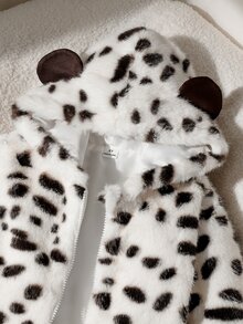 SHEIN Elladie kids 女童秋冬休閒西式卡其豹紋毛絨夾克，前拉鍊設計，提花可愛耳朵連帽開襟毛絨加厚外套 - 卡其色 - 查看 8