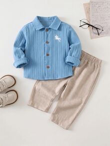 男女嬰兒/男嬰 2件組秋冬休閒學院風襯衫套裝，男嬰套裝 - 彩色 - 查看 5